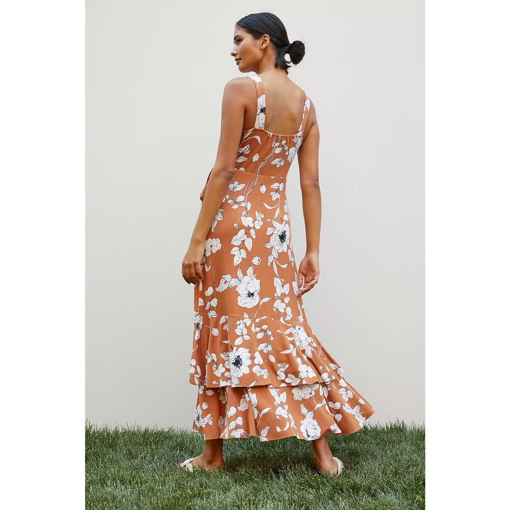 Anthropologie Ruffled Floral Midi Dress Brown Motif Medium Faux Wrap Resortwear - Picture 3 of 12